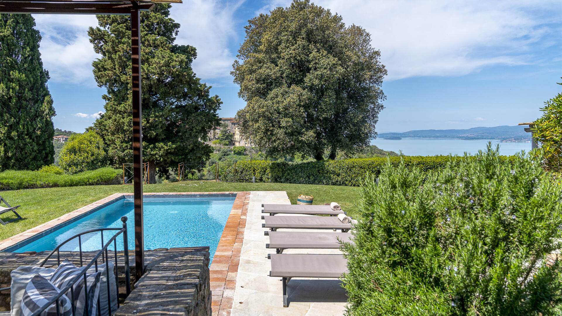 private swimming pool with lake view