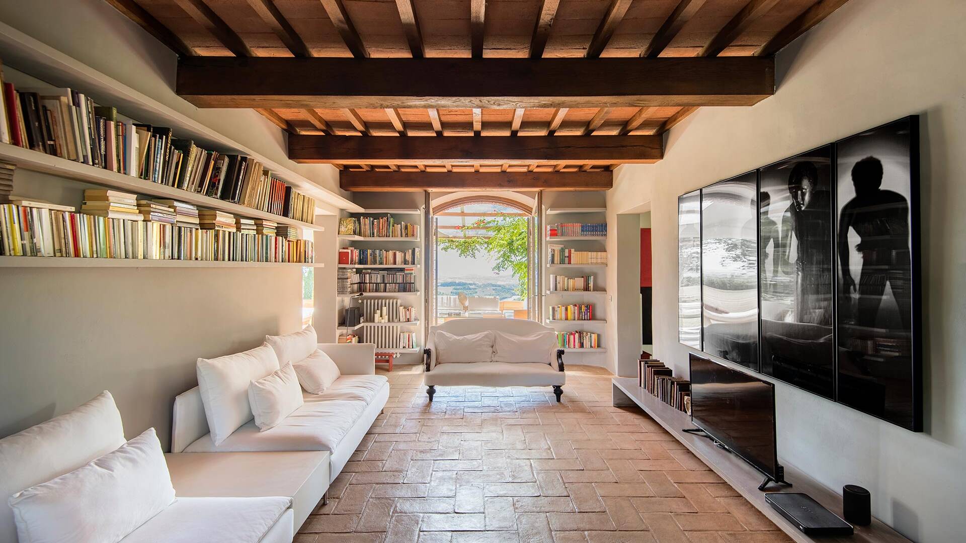 living room with library