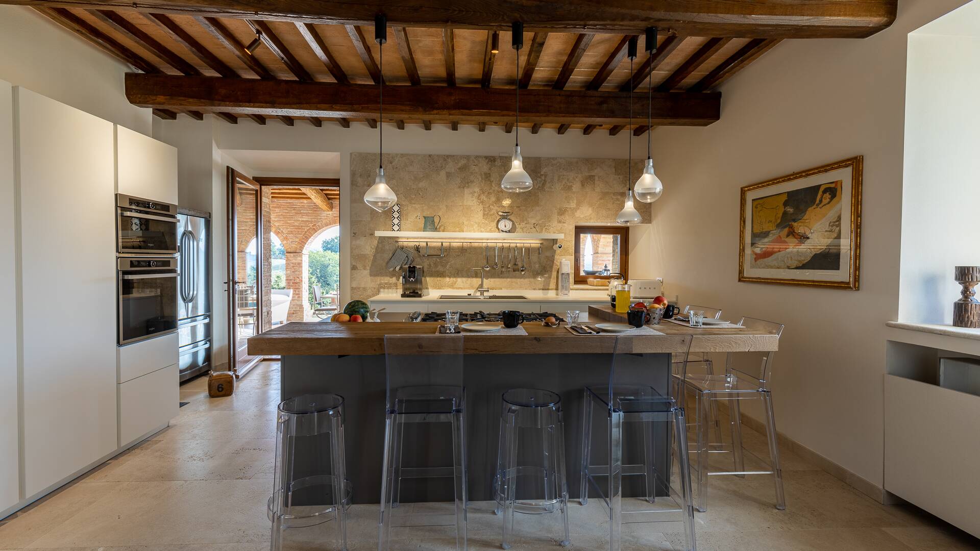 modern kitchen with counter and stools