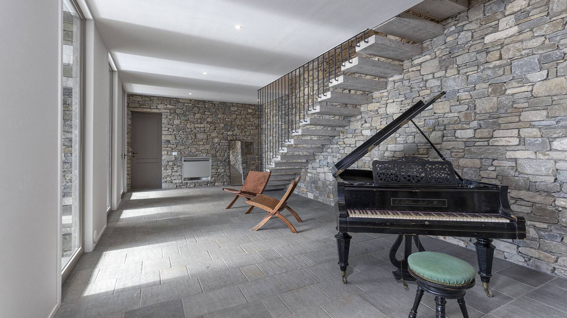 piano and stone-made staircases