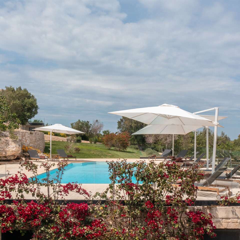 fully equipped sunbathing area with deckchairs and umbrellas
