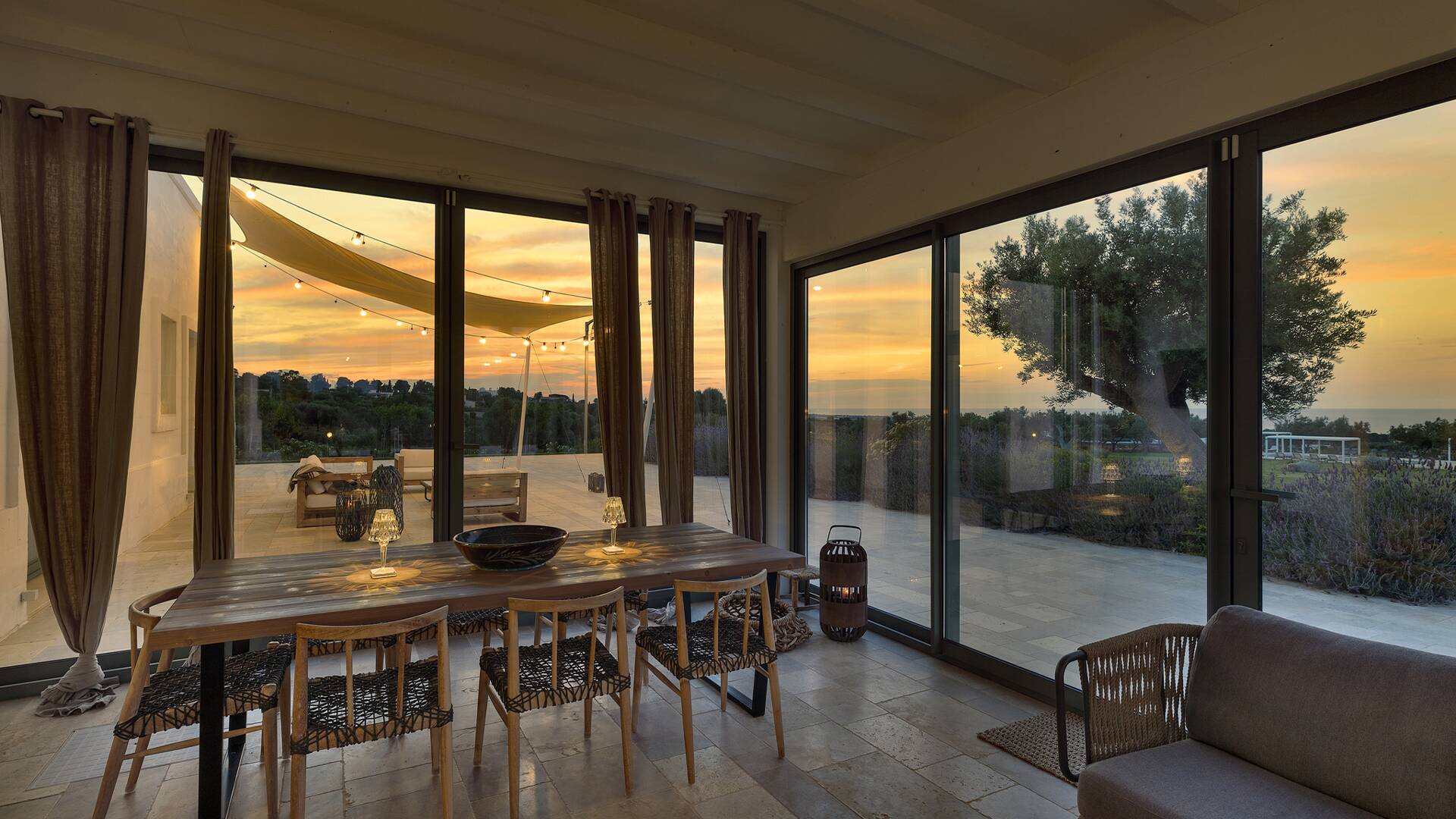 sunset view through French windows