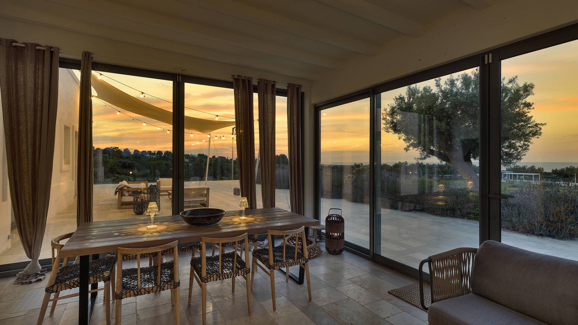 sunset view through French windows