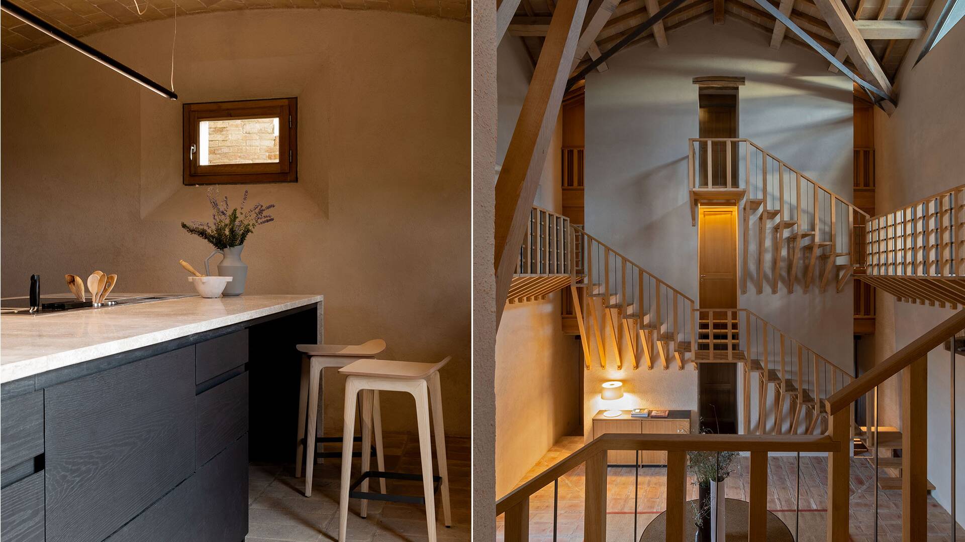 kitchen counter and artistic stairs