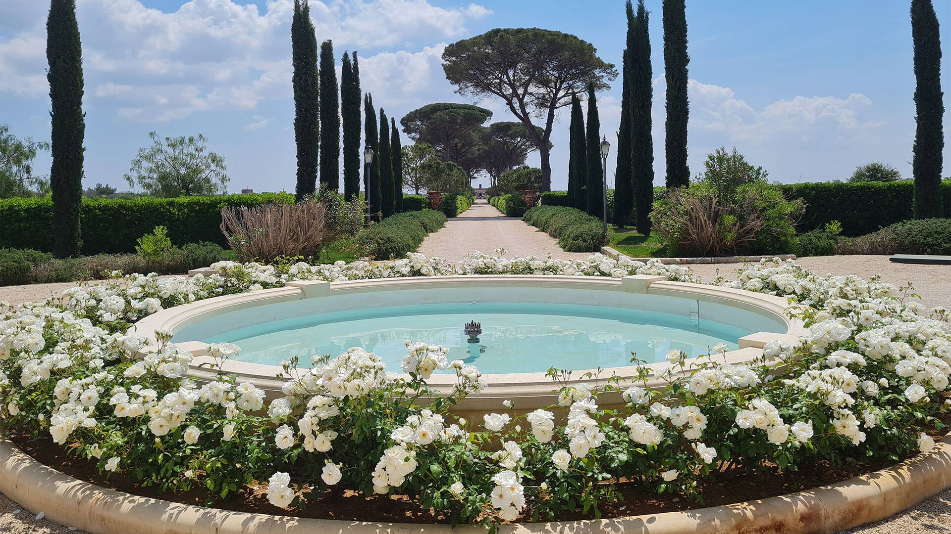 fountain and entrance pathway