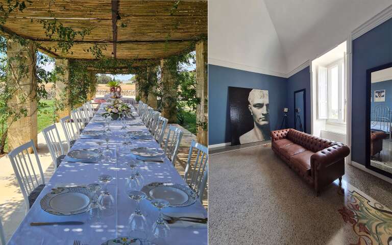 al fresco dining area and indoor sofa