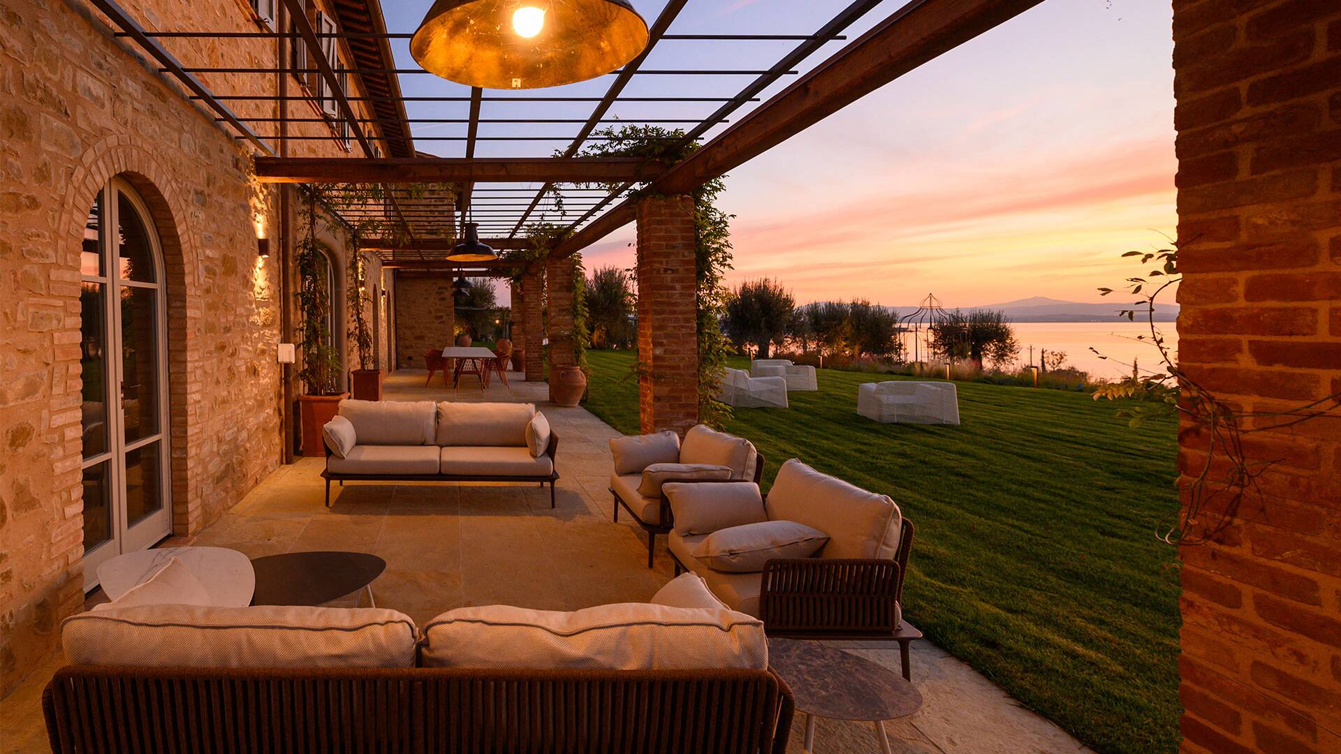 outdoor sitting area with lake view