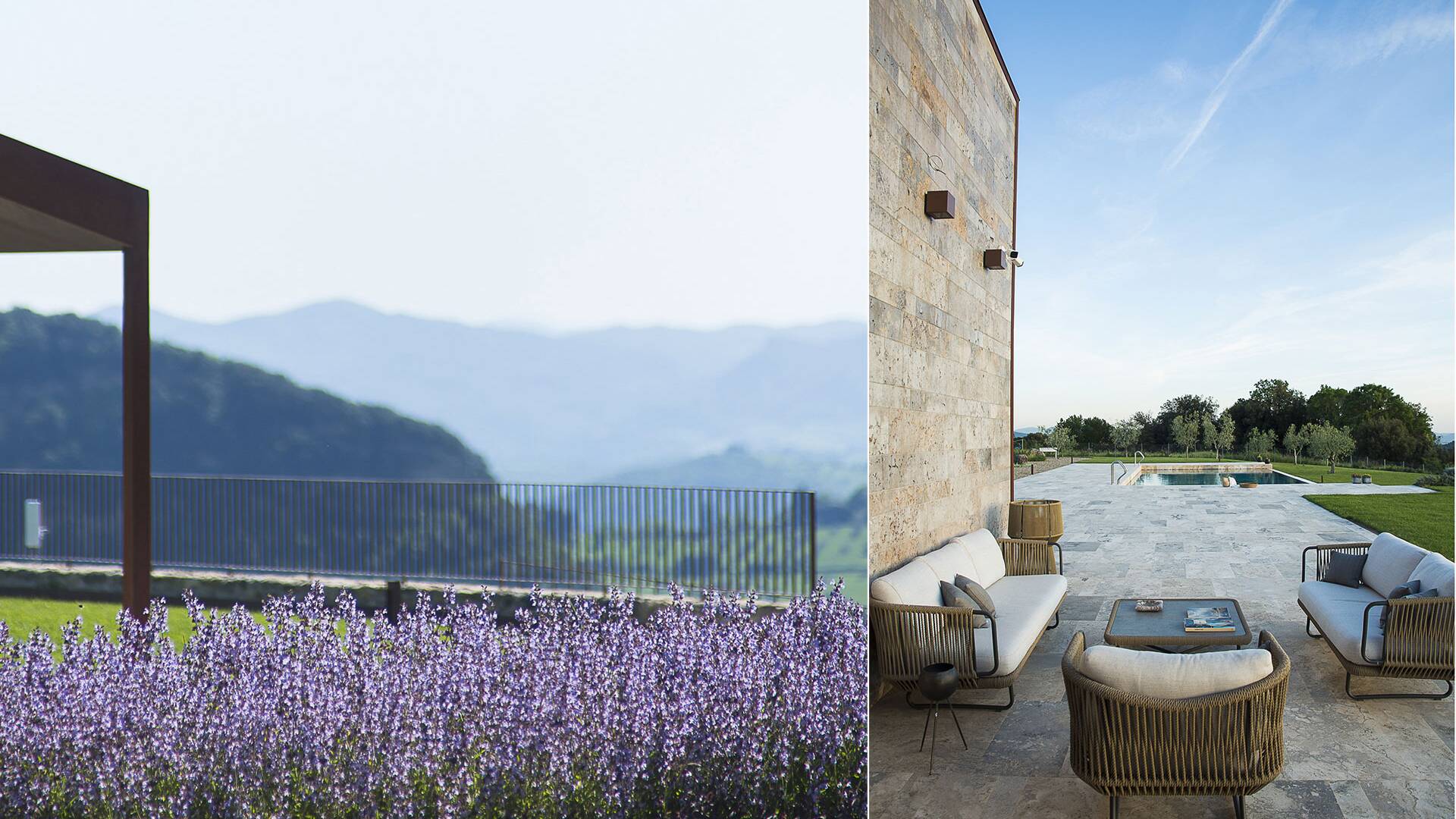 outdoor sitting area and infinity swimming pool