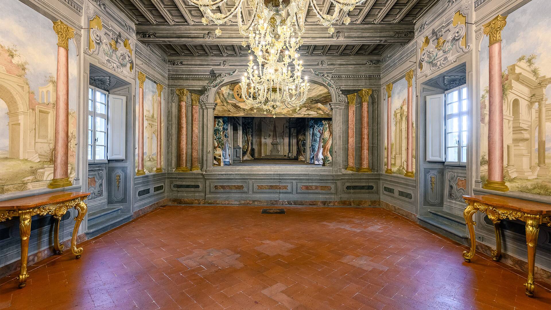 luxury chandelier and hand-painted frescoes