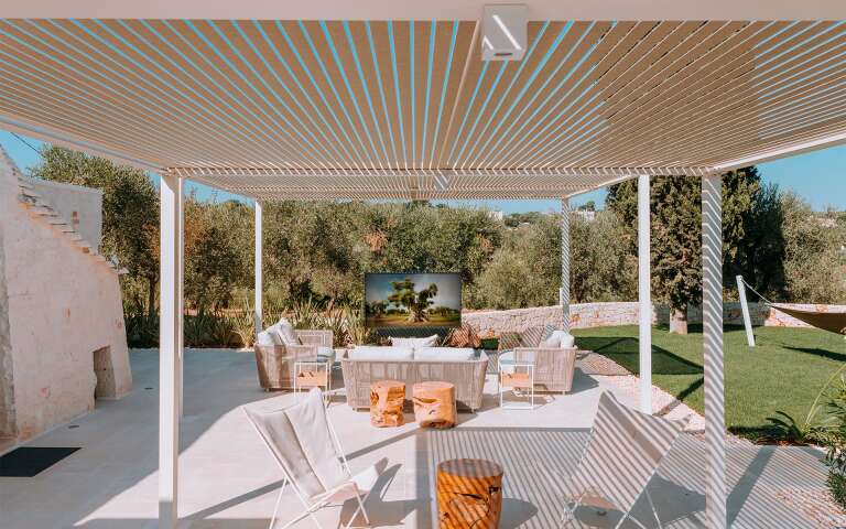 outdoor covered sitting area with TV