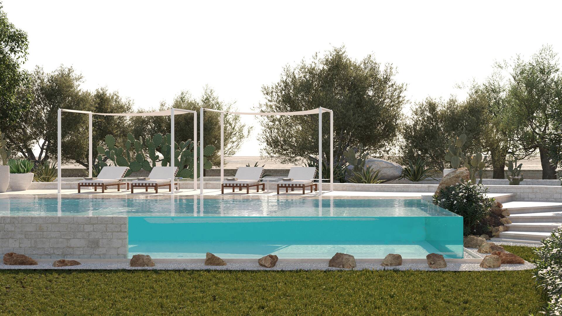 contemporary swimming pool and sunbeds with umbrellas 