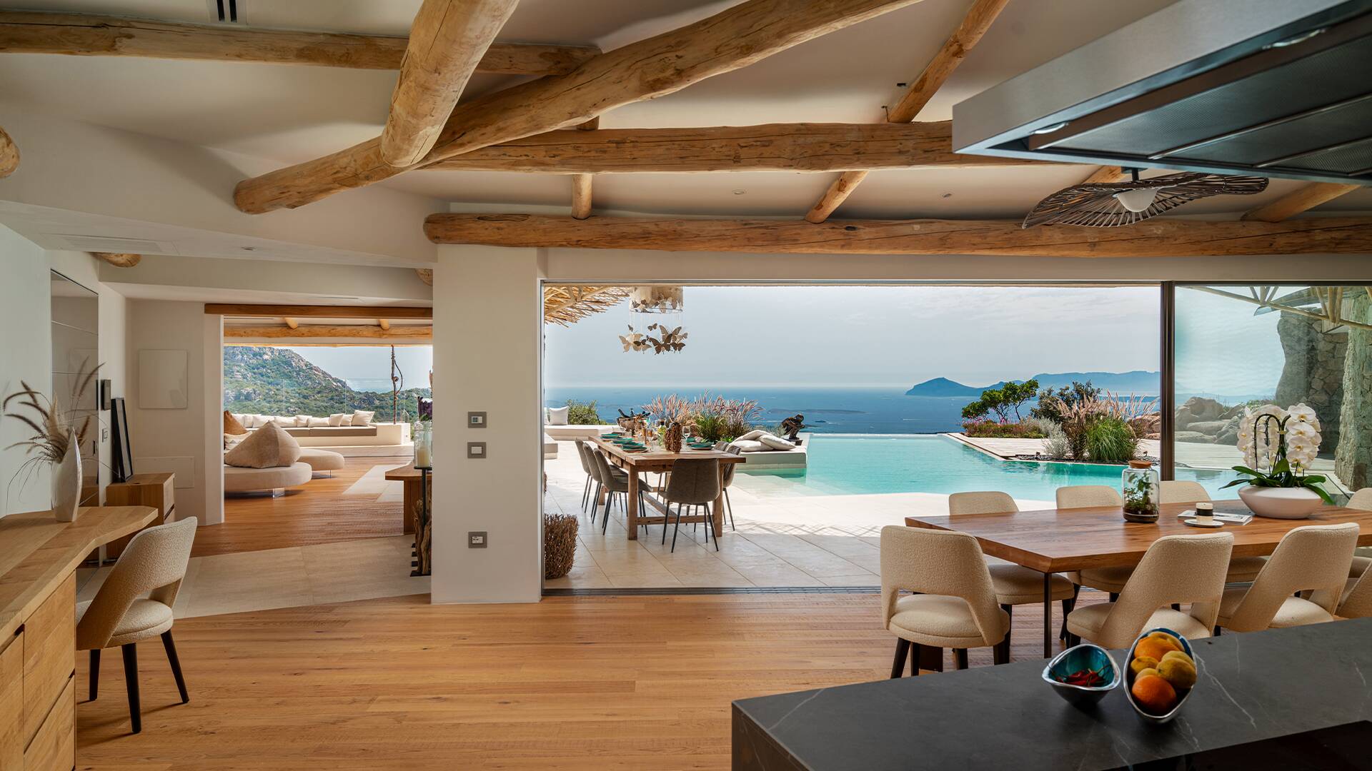 kitchen and dining area with sea view