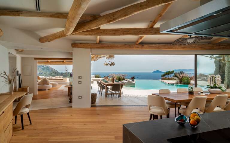 kitchen and dining area with sea view