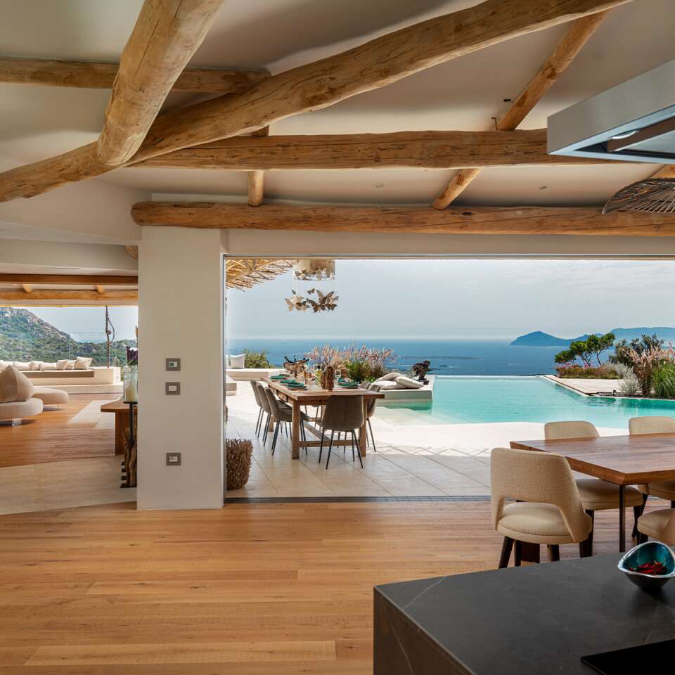 kitchen and dining area with sea view