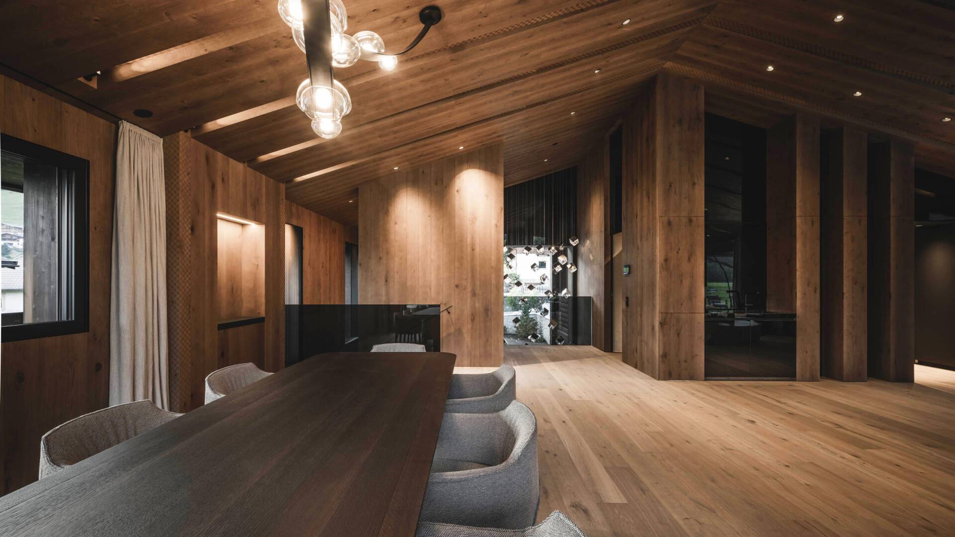 lavish dining area with wooden architecture