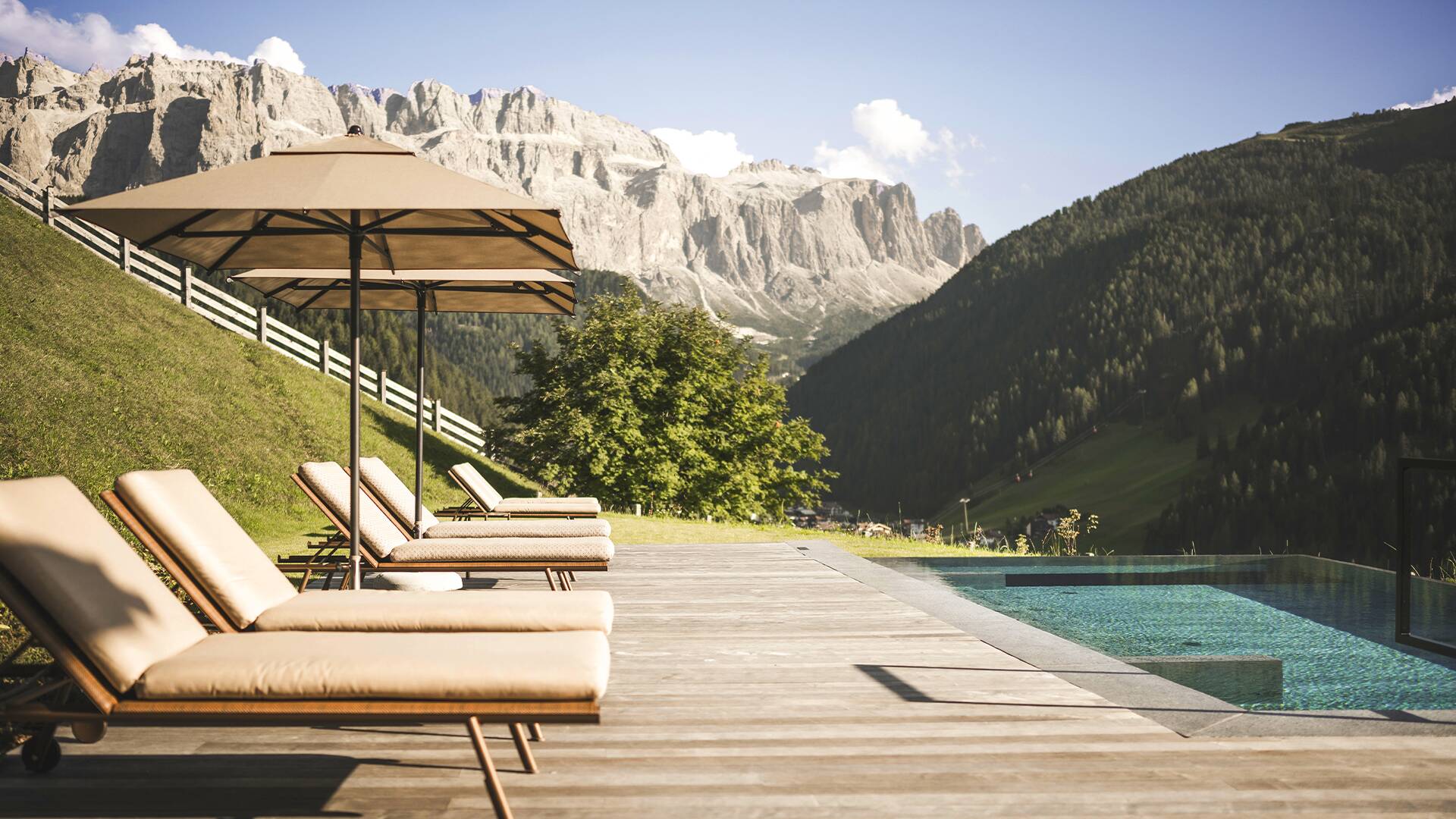 minimal sunbathing area with umbrellas