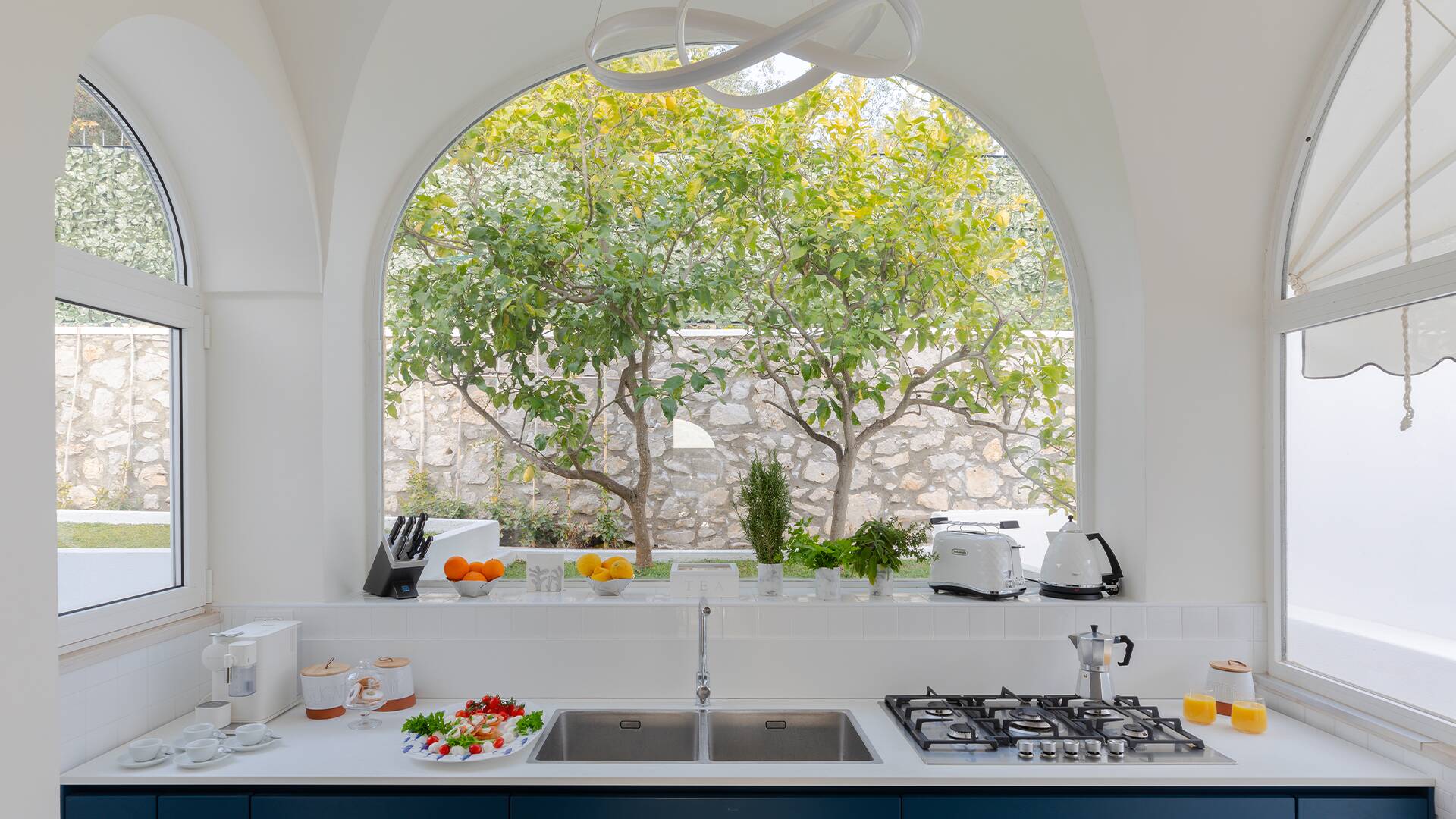 fully equipped kitchen with garden view