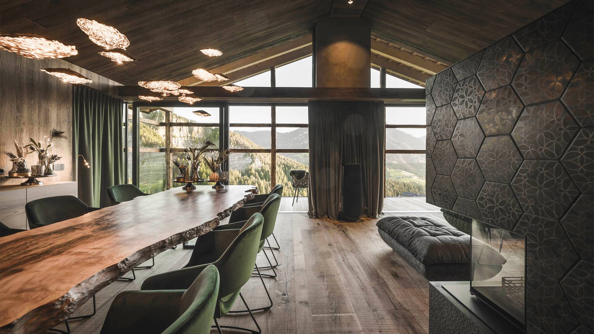 glamorous dining area with mountain view