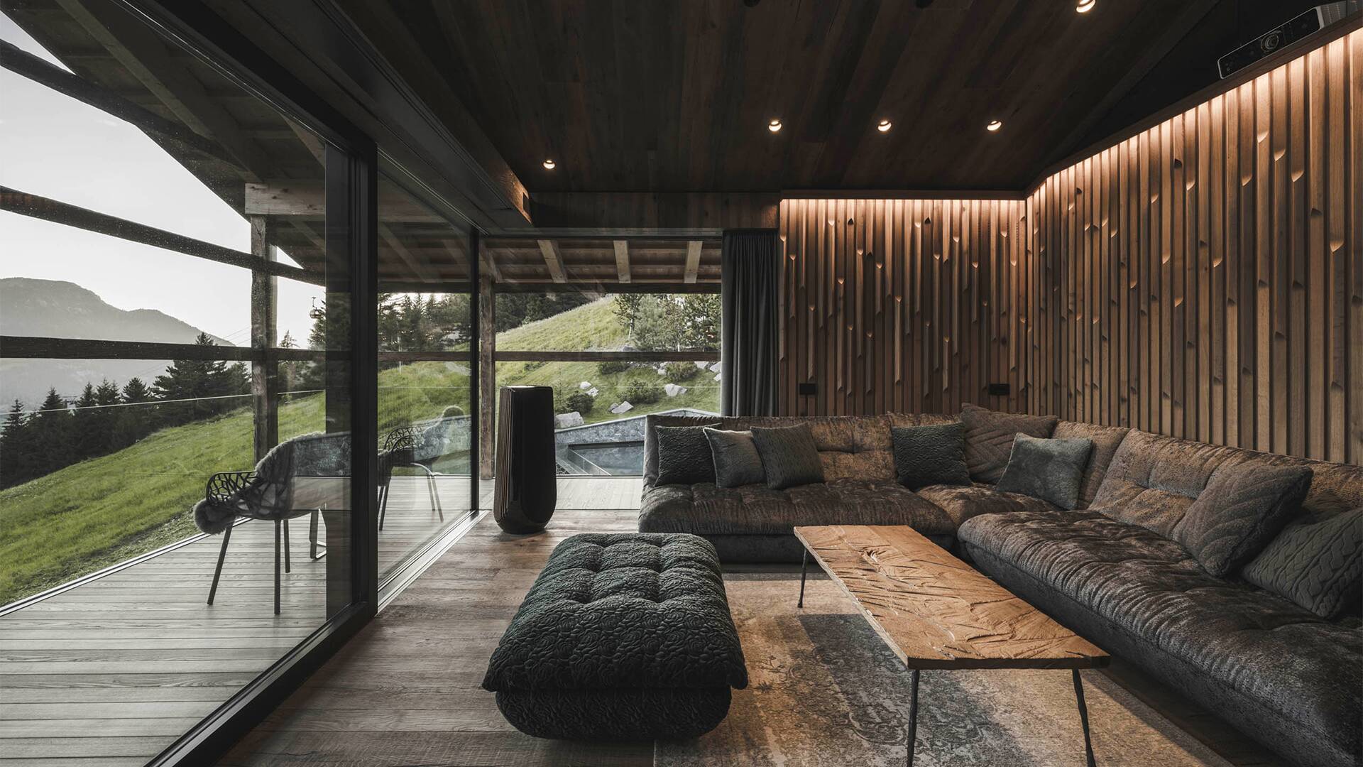 iconic living room with French windows and sweeping view