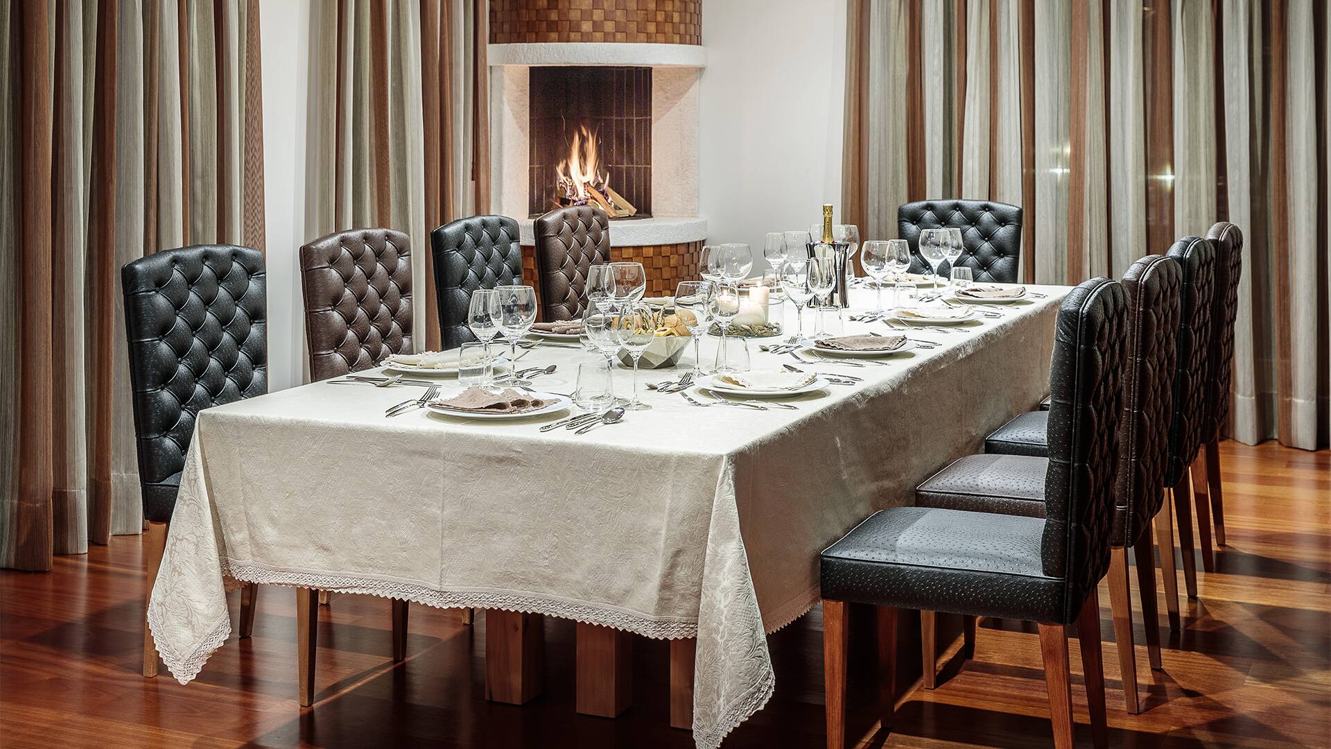 elegant dining room with fireplace