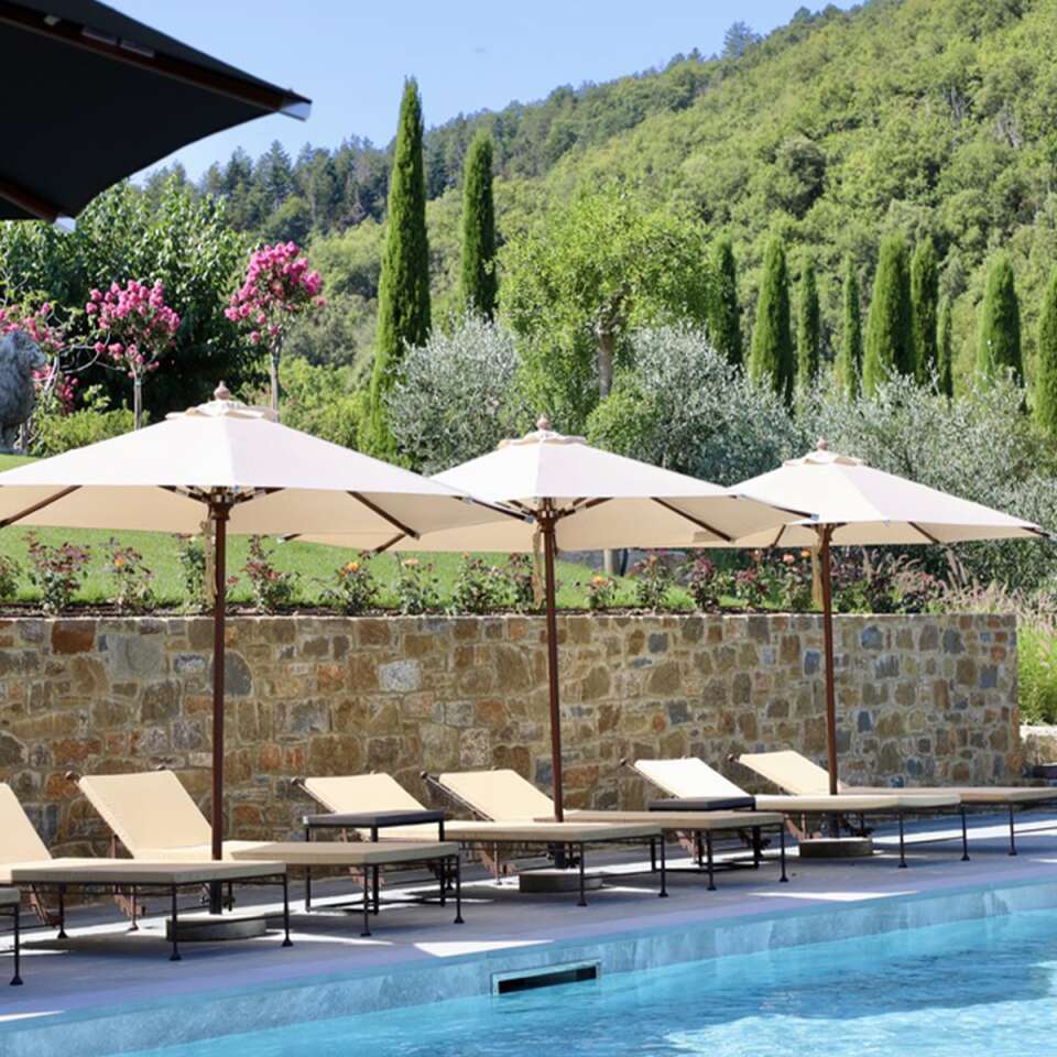 modern sunbeds and umbrellas