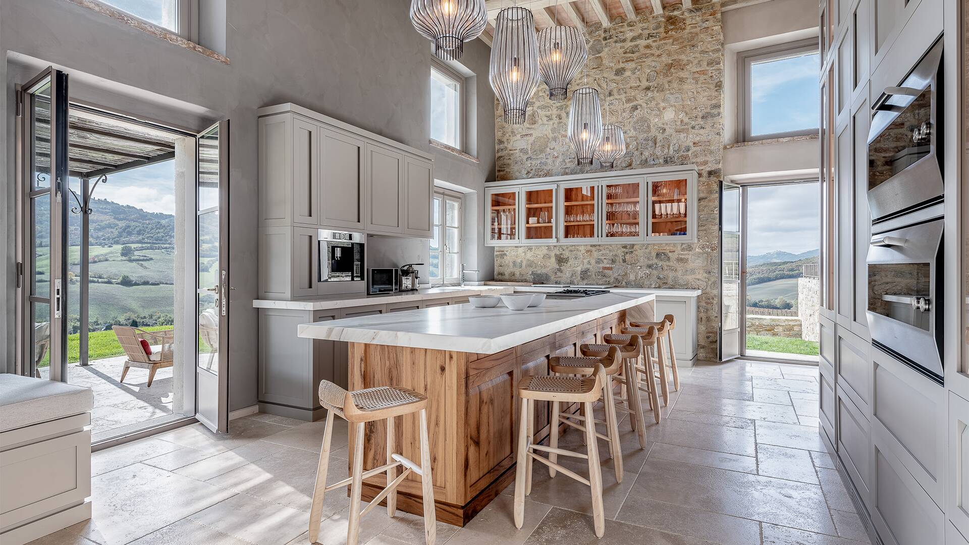 kitchen island with stools and direct access to outdoor