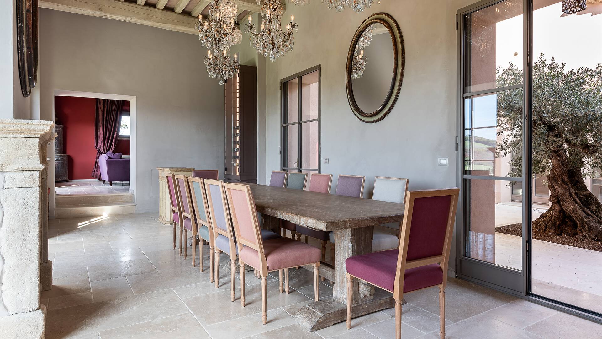 dining room with fireplace and access to inner court