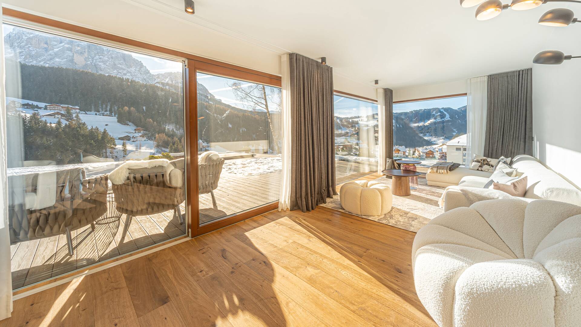 bright living room with mountain view