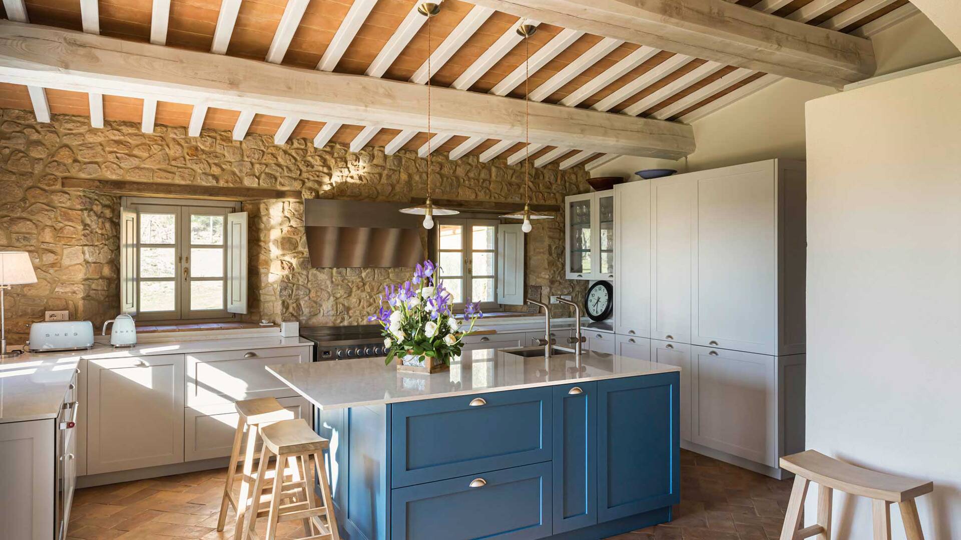 kitchen with counter and stools