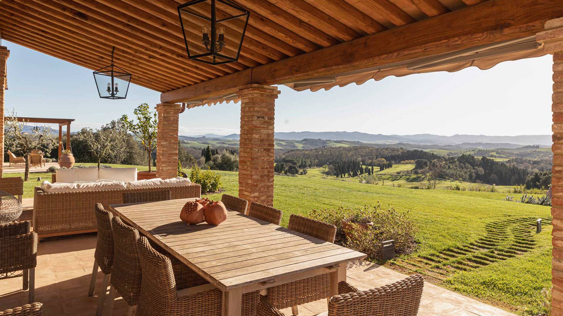 covered pergola with countryside view 