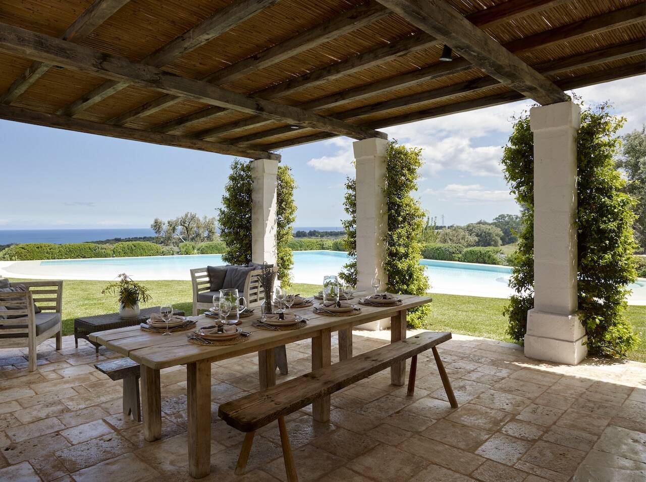 covered alfresco dining with pool view