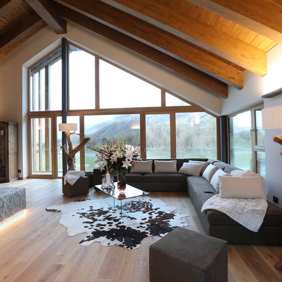 living room with French windows and fireplace