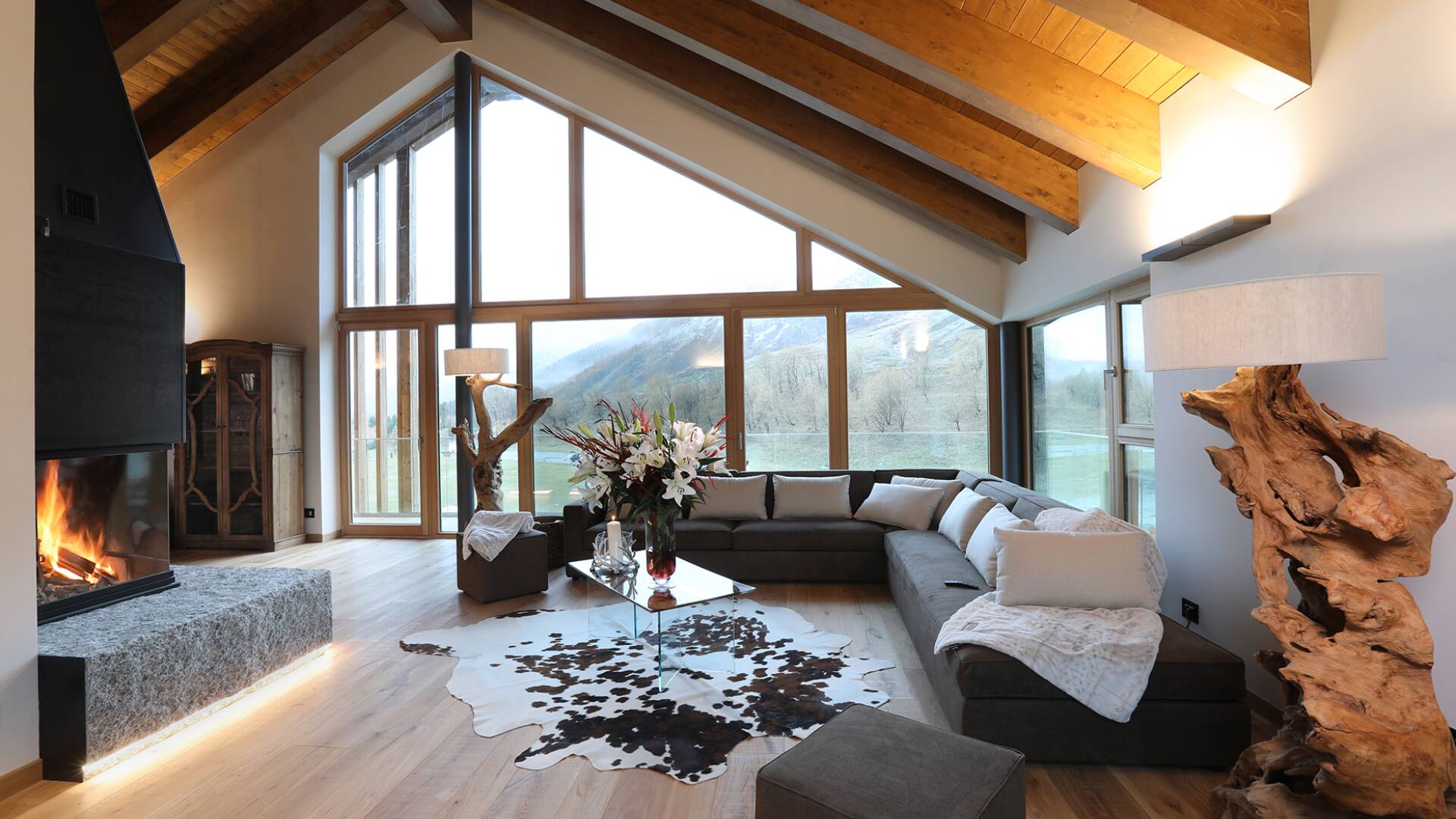 living room with French windows and fireplace