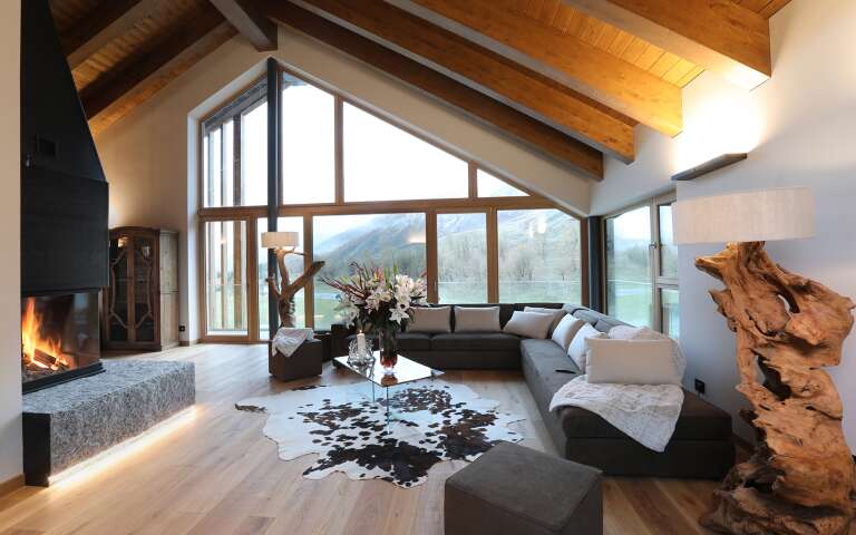 living room with French windows and fireplace