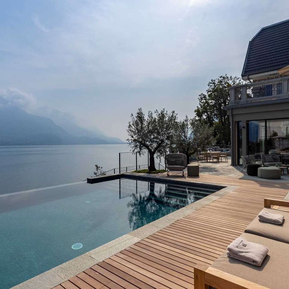 sunbathing area with lake view