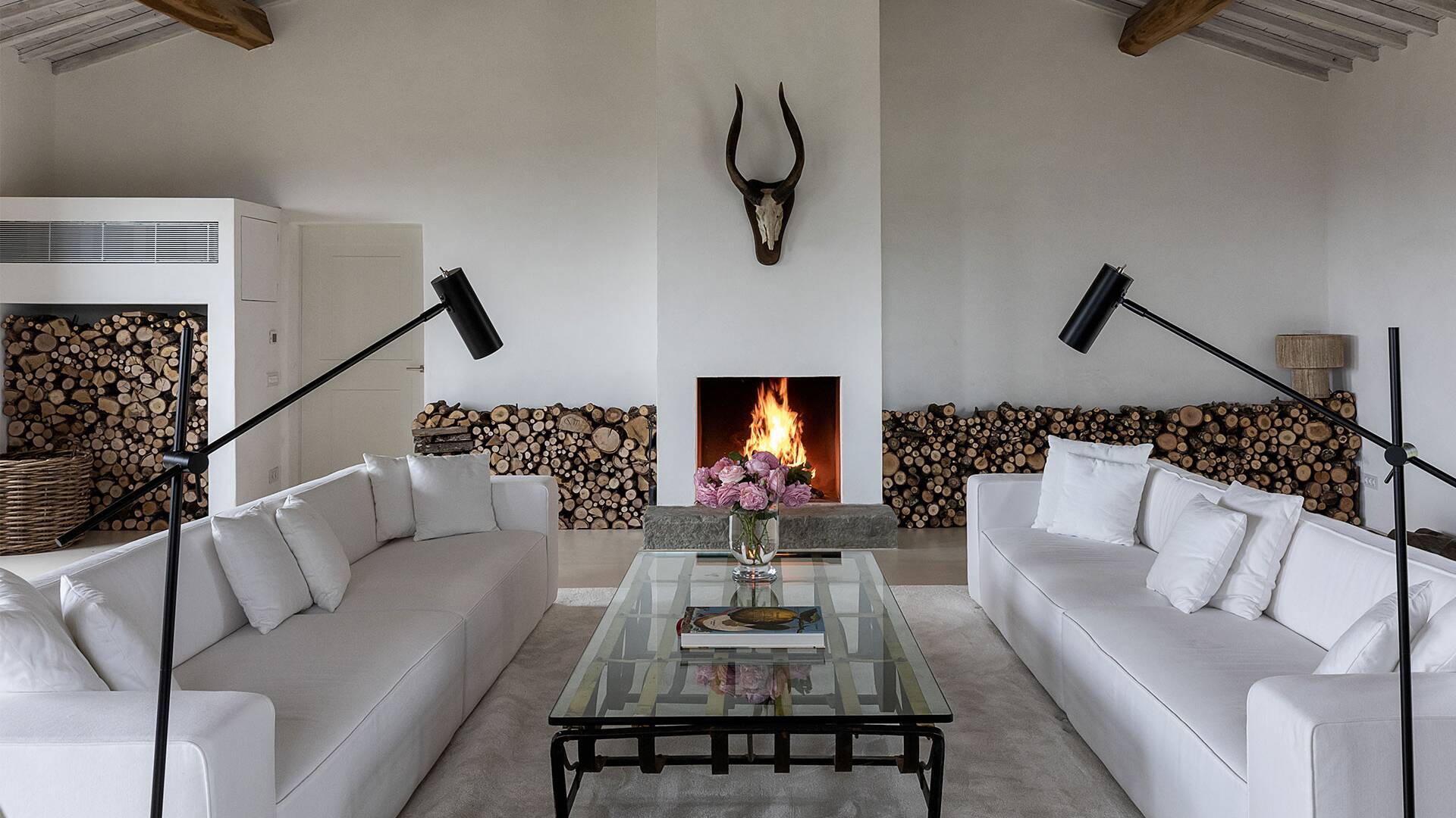 main villa, first floor, living room with fireplace