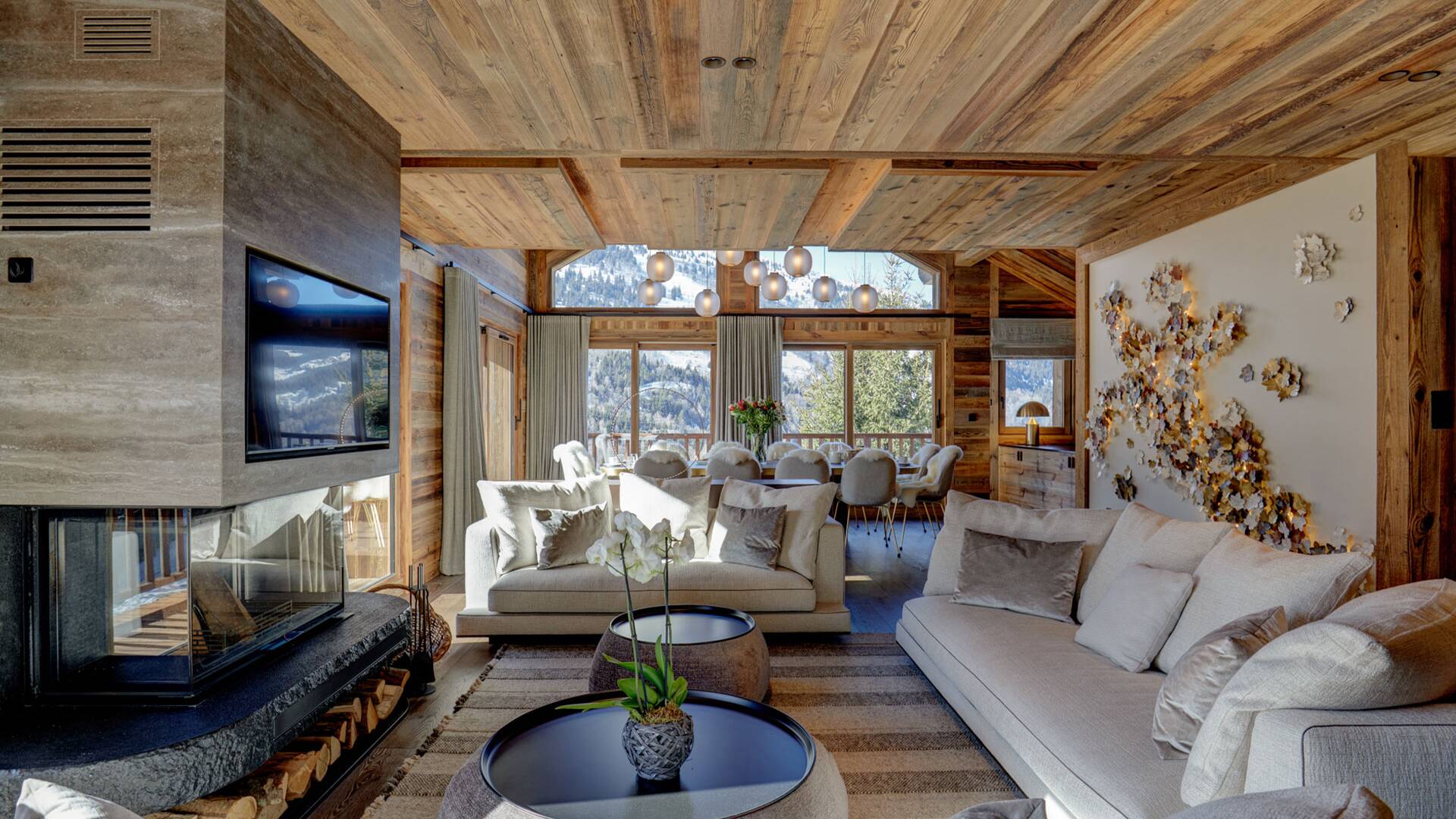 living room with fireplace and TV