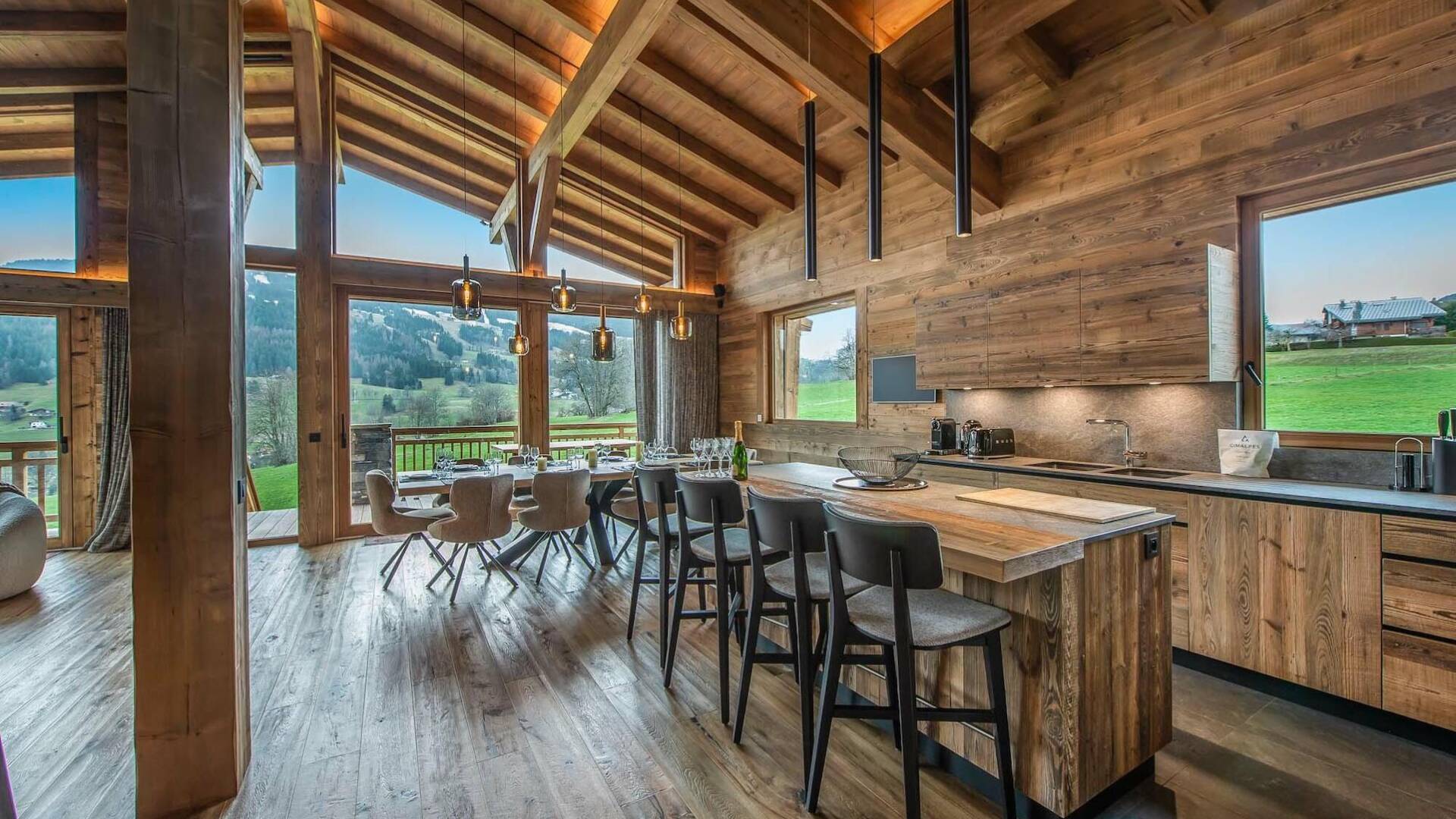 cooking and dining area with breathtaking French windows