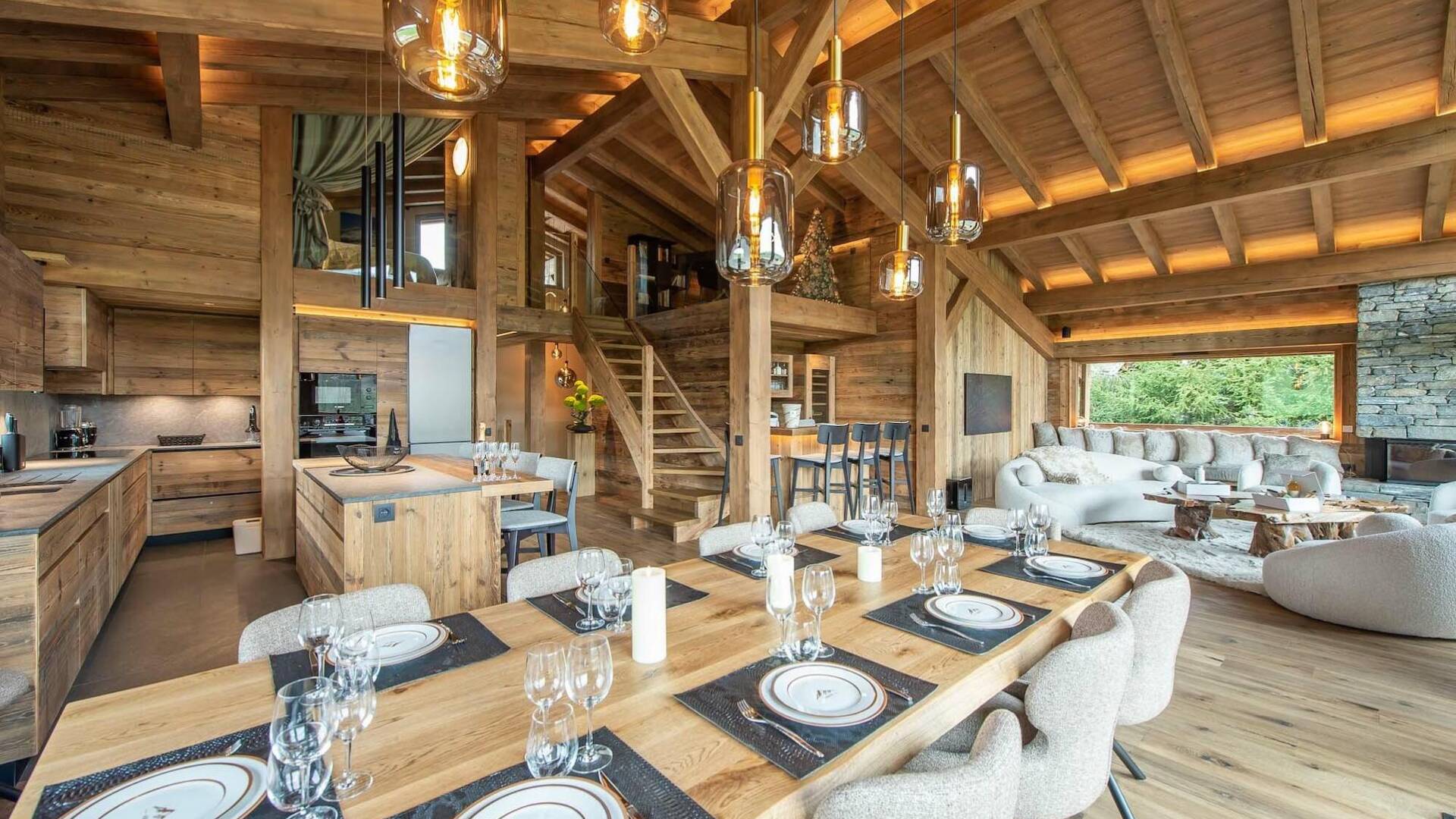 contemporary wooden architecture with spacious dining area and gourmet kitchen