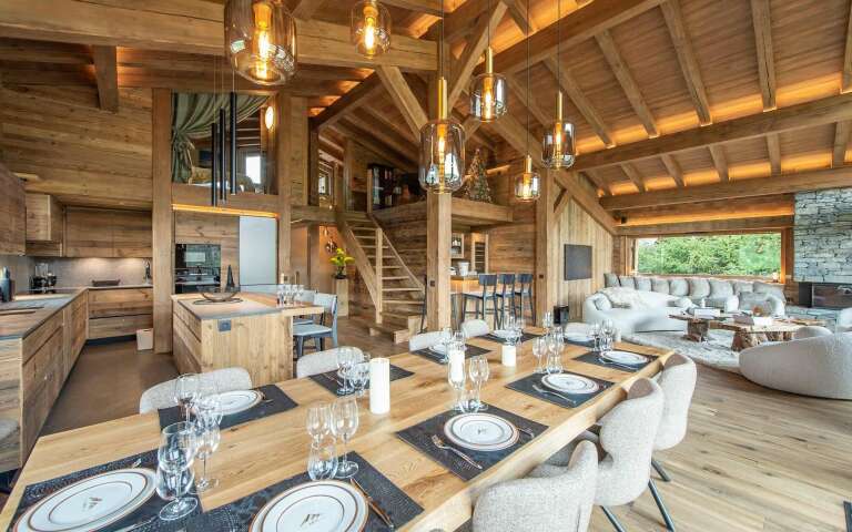 contemporary wooden architecture with spacious dining area and gourmet kitchen