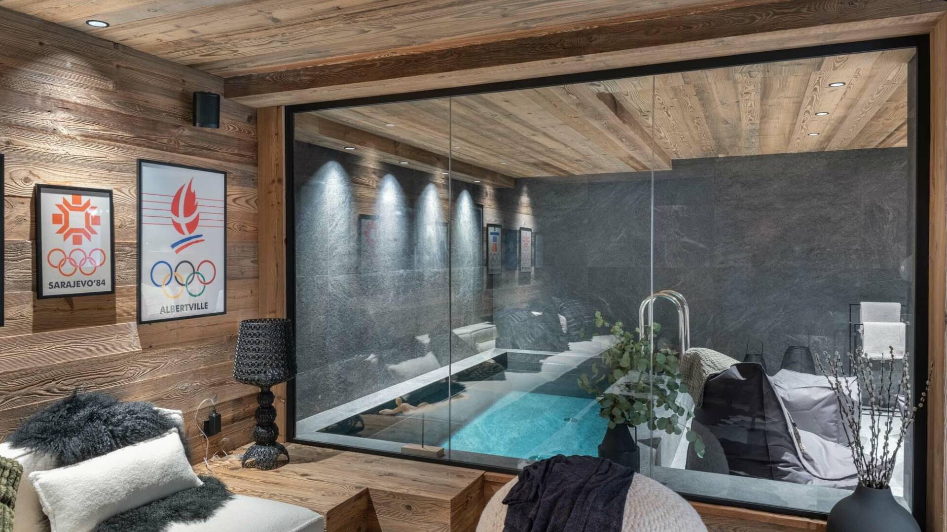 indoor pool with glass walls
