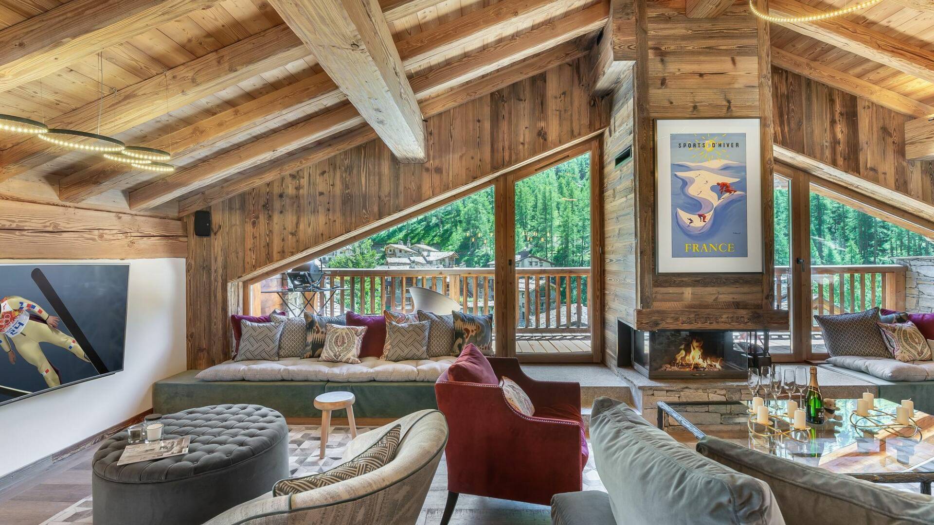 living room with fireplace and French windows