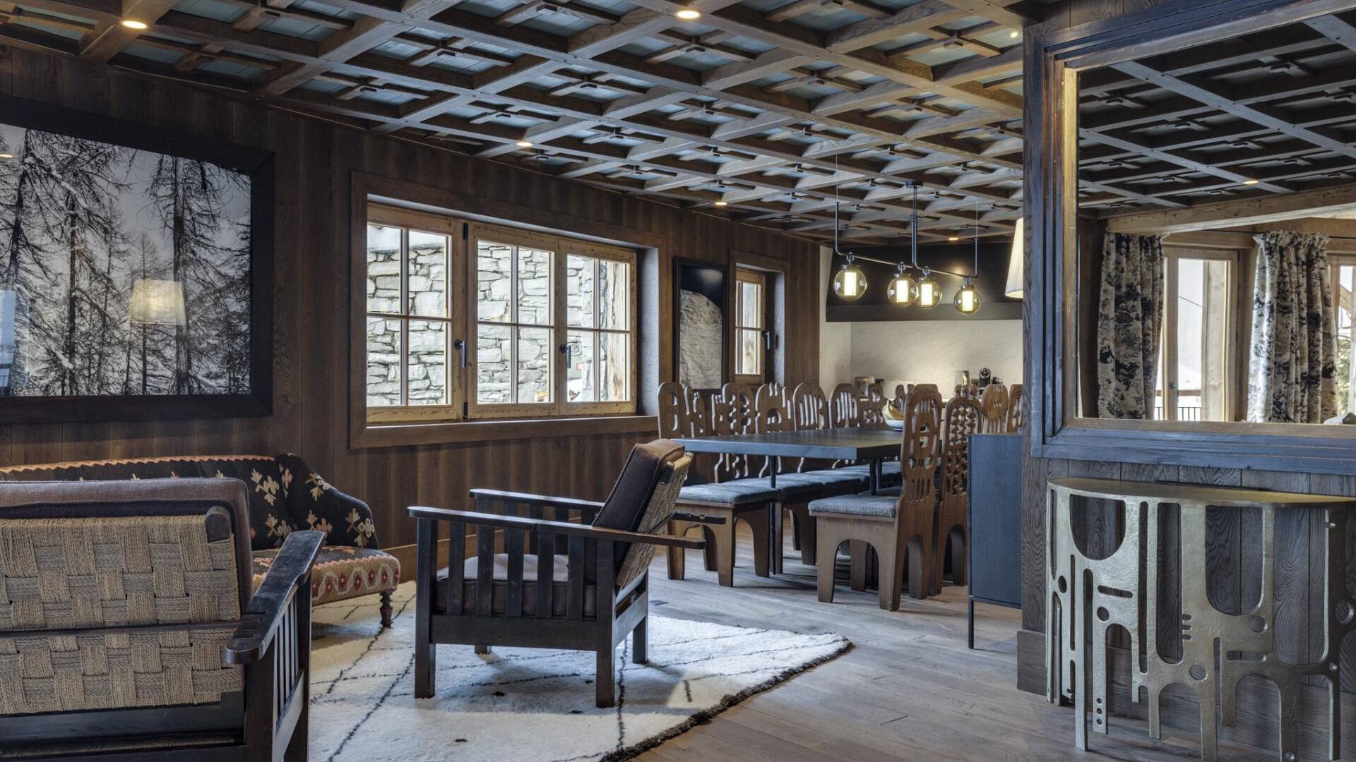 sitting and dining area with wooden traditional furniture