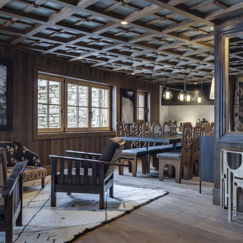 sitting and dining area with wooden traditional furniture