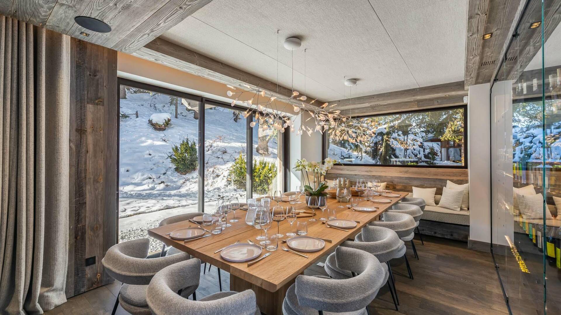 opulent dining area with breathtaking view of French Alps