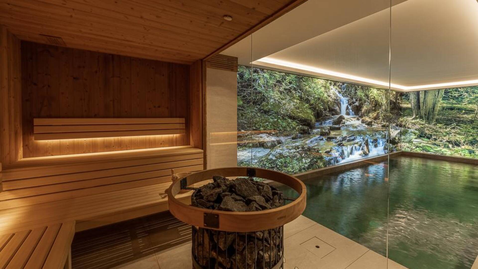 wellness area with indoor pool and private sauna