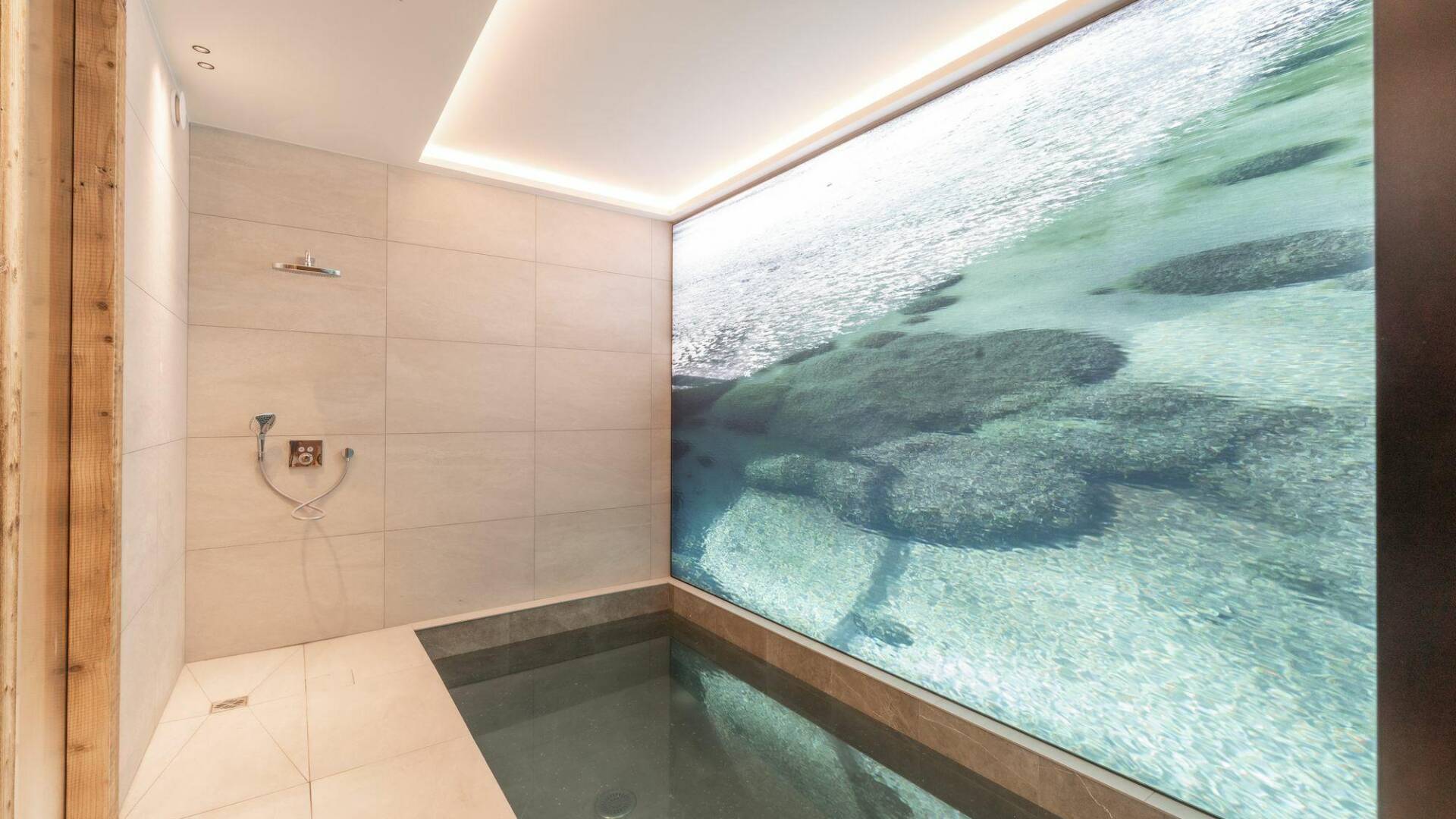 luxury indoor splash pool with decorated walls