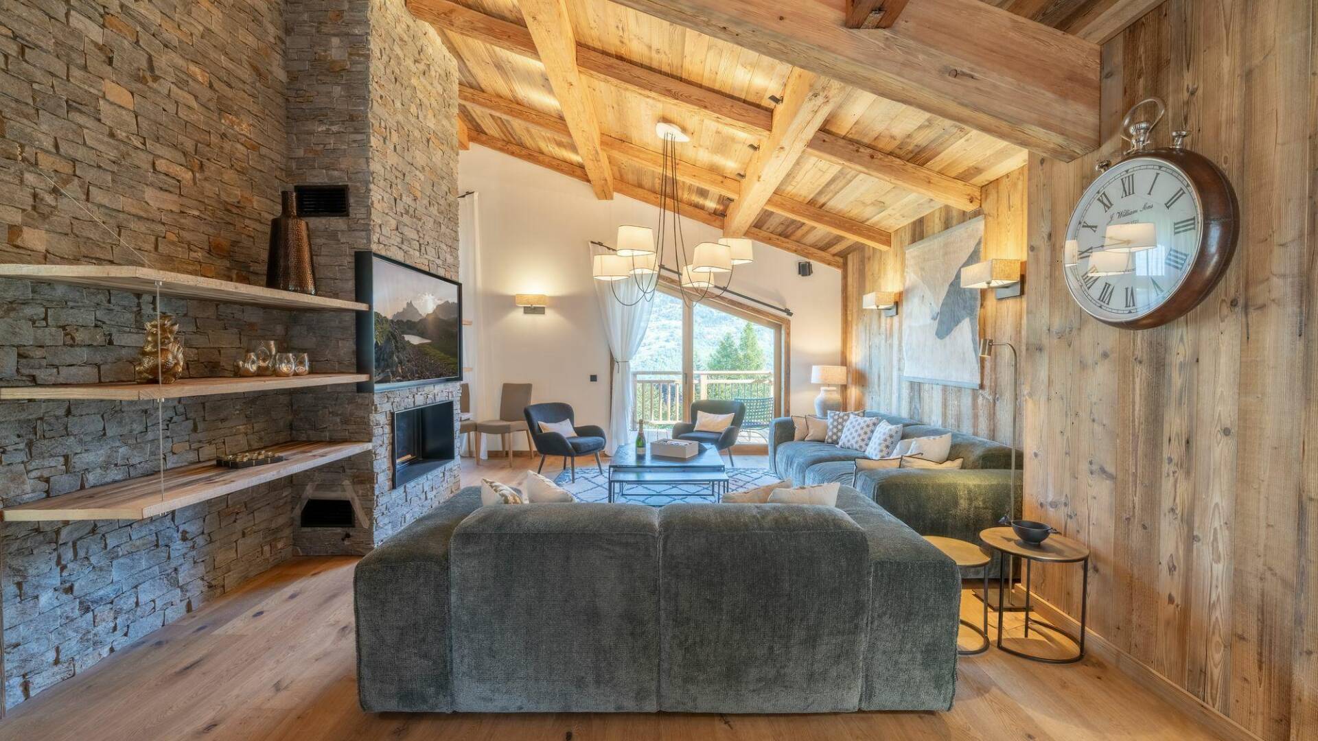 contemporary living room with TV, fireplace and French windows