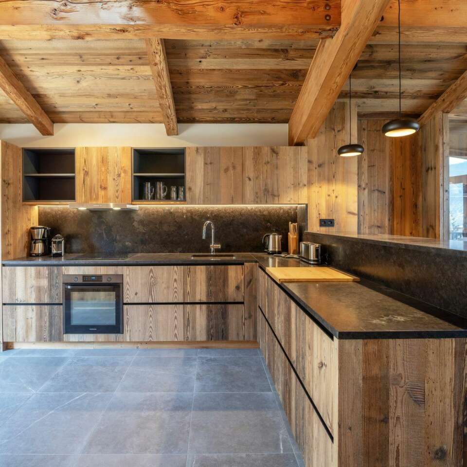 spacious kitchen with large cooking counters