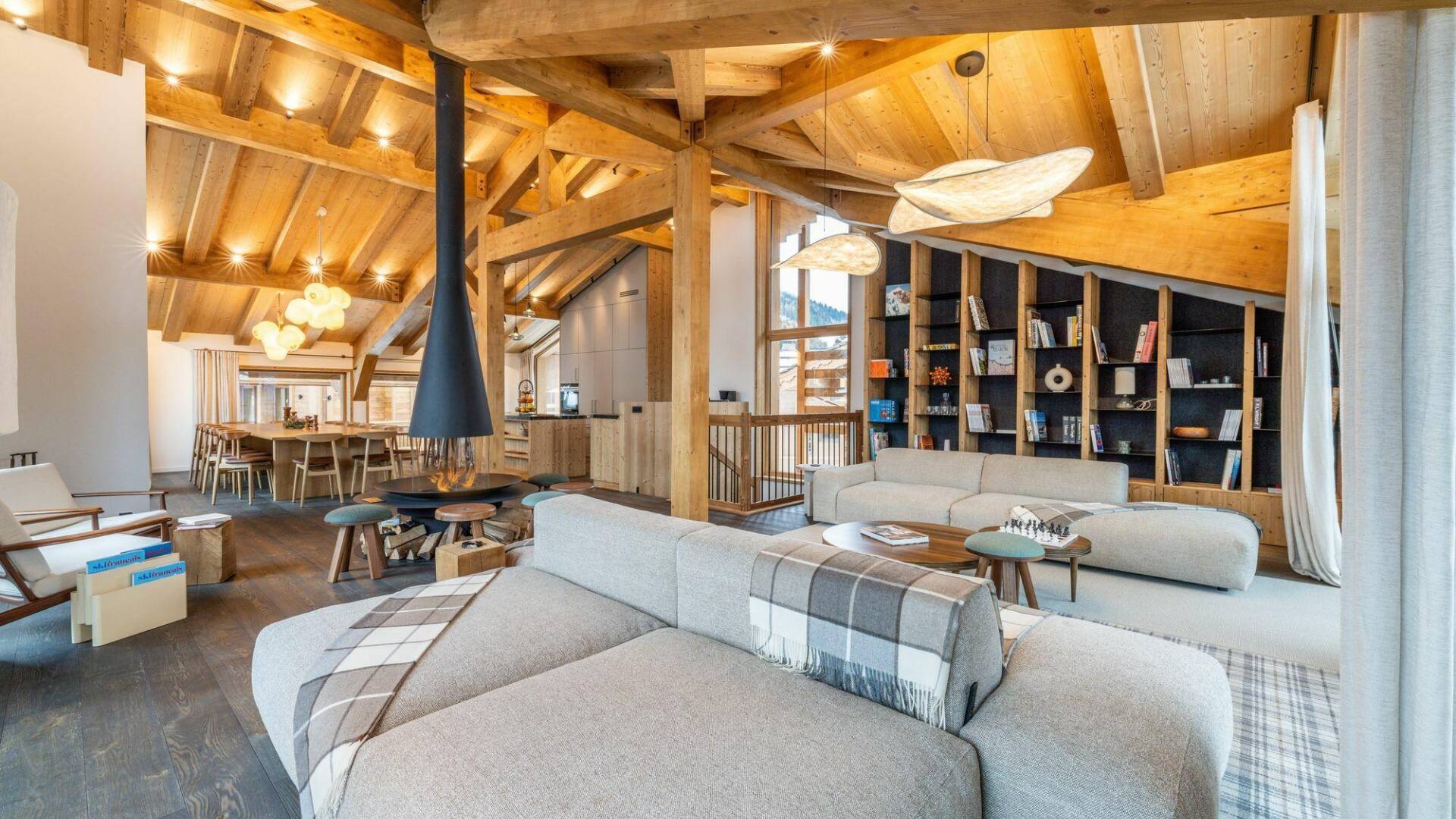 contemporary open space with living area and modern fireplace